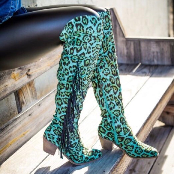 LAST PAIR SZ 6 •L&B Turquoise Leopard Tall Boots• - Picture 3 of 10
